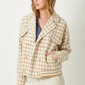 Mystree Cream & Tan Houndstooth Tweed Bomber Jacket NWT | Double Breasted Preppy